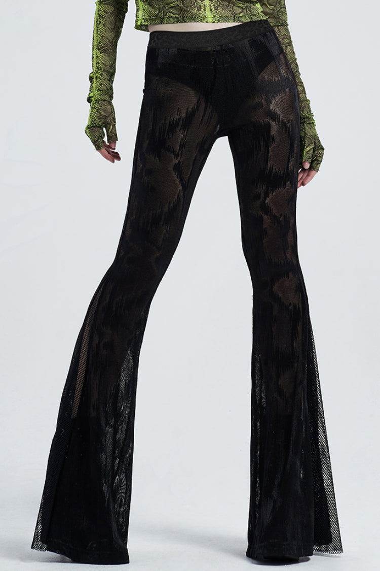 Black Python Print Mesh Women's Gothic Flared Pants - Black - 1