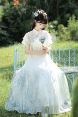White [Hydrangea Message] Short Sleeves Print Ruffle Lace Sweet Chinese Style Elegant Lolita Dress - Product - 4