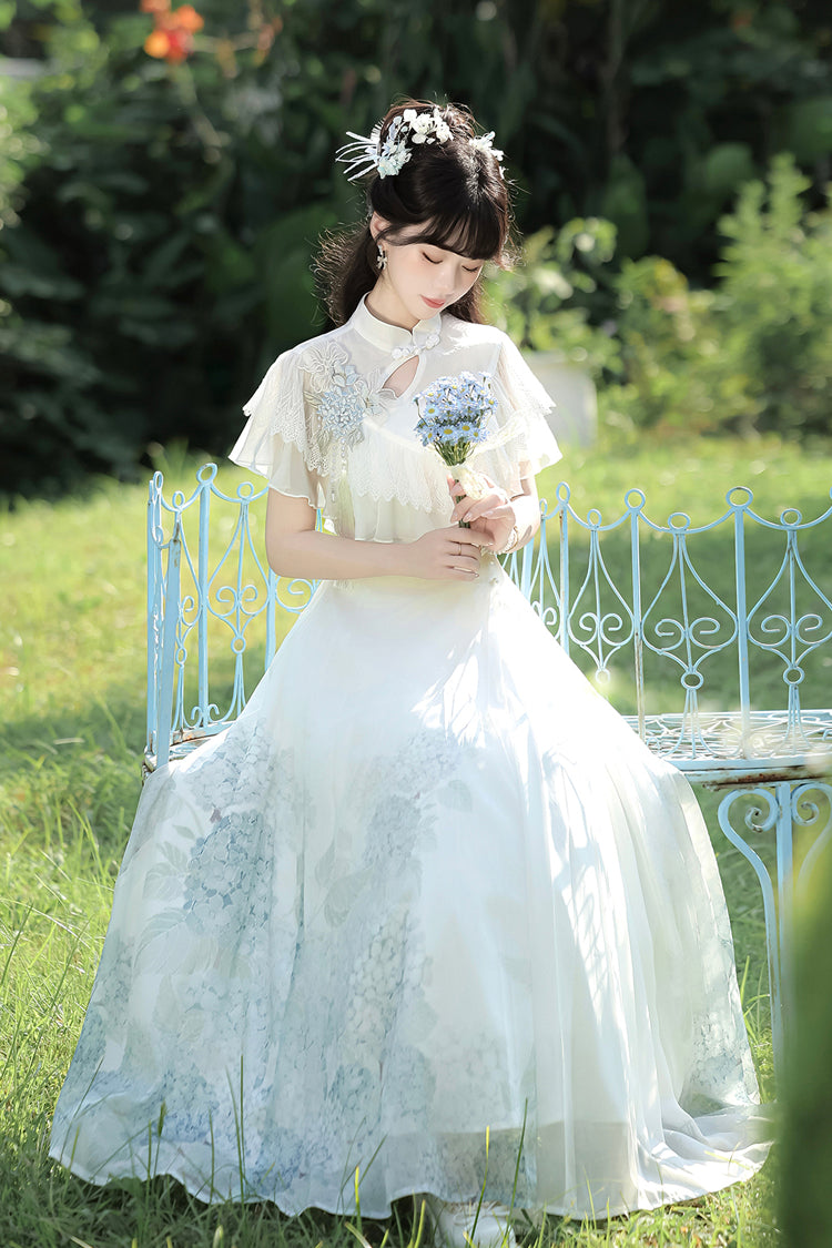 White [Hydrangea Message] Short Sleeves Print Ruffle Lace Sweet Chinese Style Elegant Lolita Dress - Product - 4