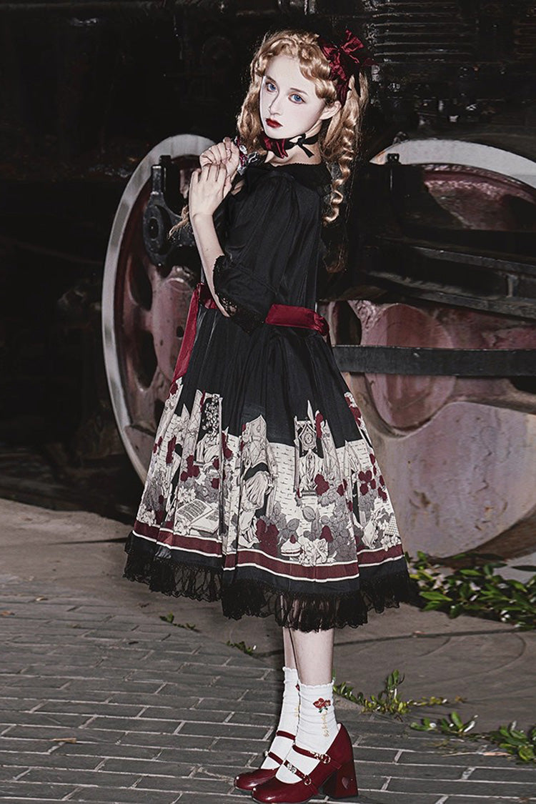 Black [Alice of the Asylum] Print Bowknot Lace Gothic Lolita Dress 2 Versions - Product - 3