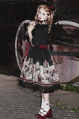 Black [Alice of the Asylum] Print Bowknot Lace Gothic Lolita Dress 2 Versions - Product - 3