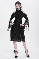 Black Off Shoulder Drawstring Jacquard Embroidery Women's Gothic Party Dress - Product - 3