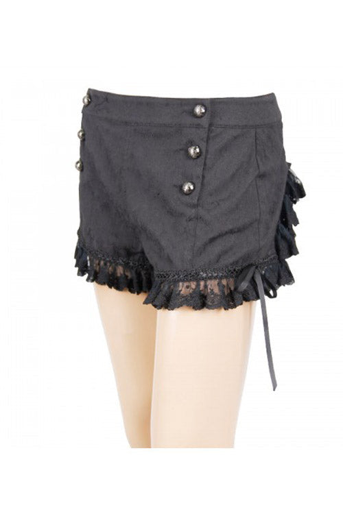 Black Front Double Breasted Buttons Waist Lace Up Frill Lace Hem Gothic Jacquard Short Womens Pants - Product - 8
