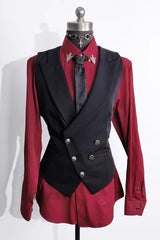 Black Sleeveless Ouji Gothic Lolita Waist-Cinching Vest with Silver Buttons - Black - 1