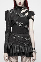 Women's Stand Collar Rivet Buckle Steampunk One-Arm Jacket 2 Colors - Black - 1