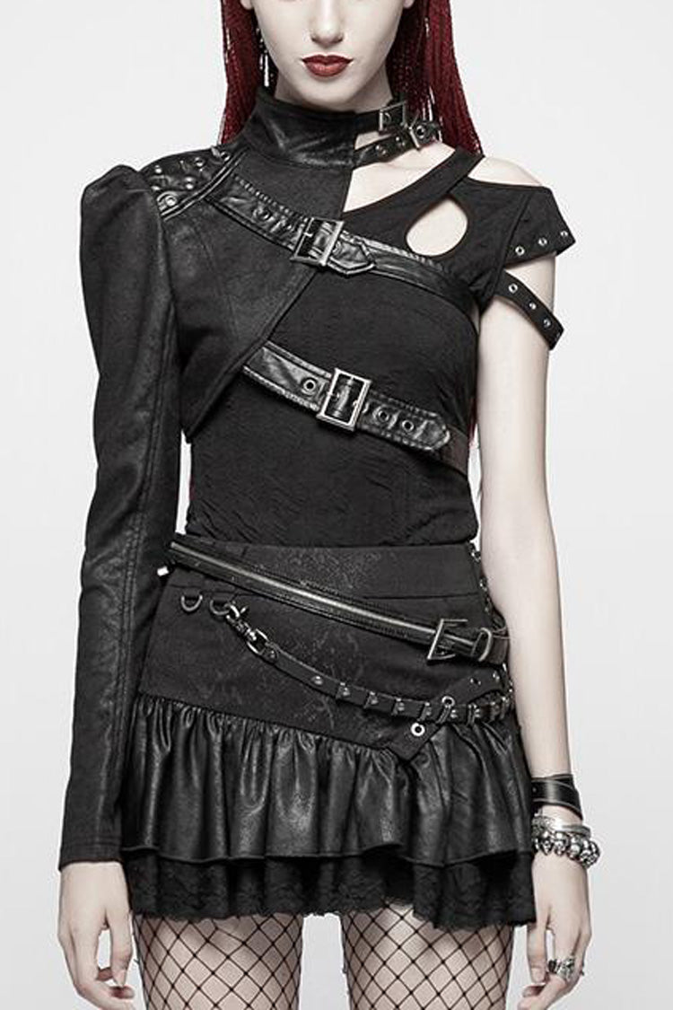Women's Stand Collar Rivet Buckle Steampunk One-Arm Jacket 2 Colors - Black - 1