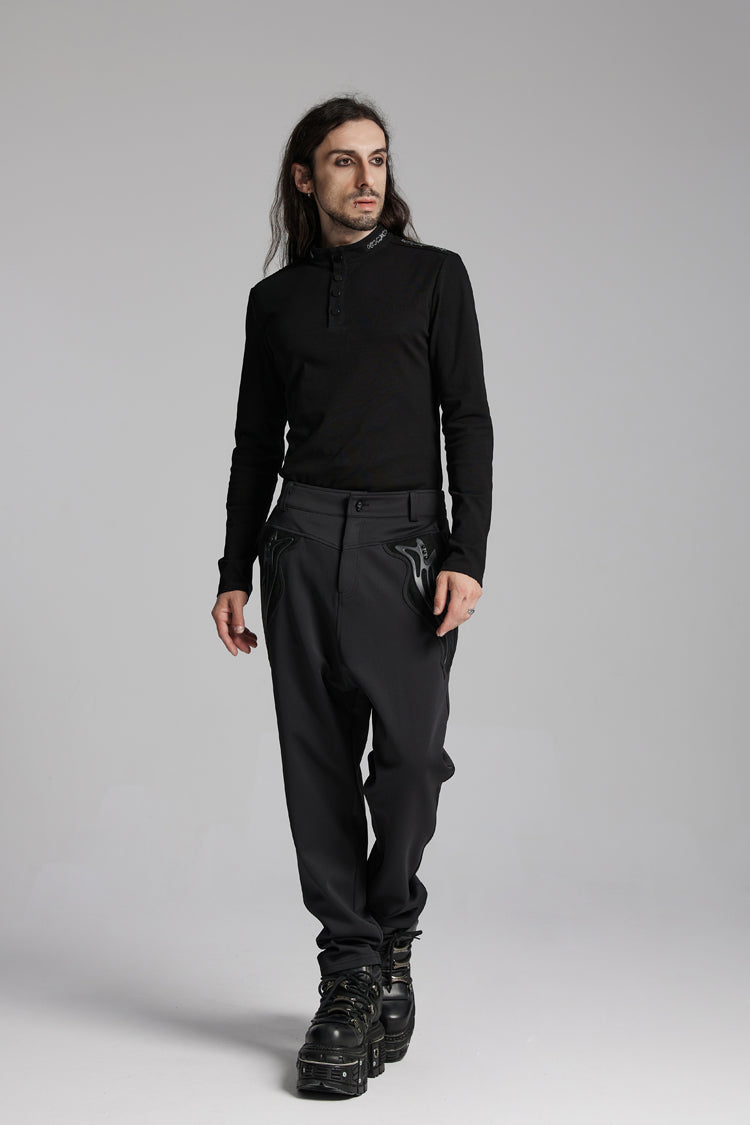Black Stand Collar Long Sleeves Men's Punk Military T-Shirt - Product - 3
