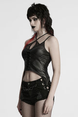 Black Halterneck Sleeveless Lace-Up Plunging Irregular Women's Punk Vest - Product - 2