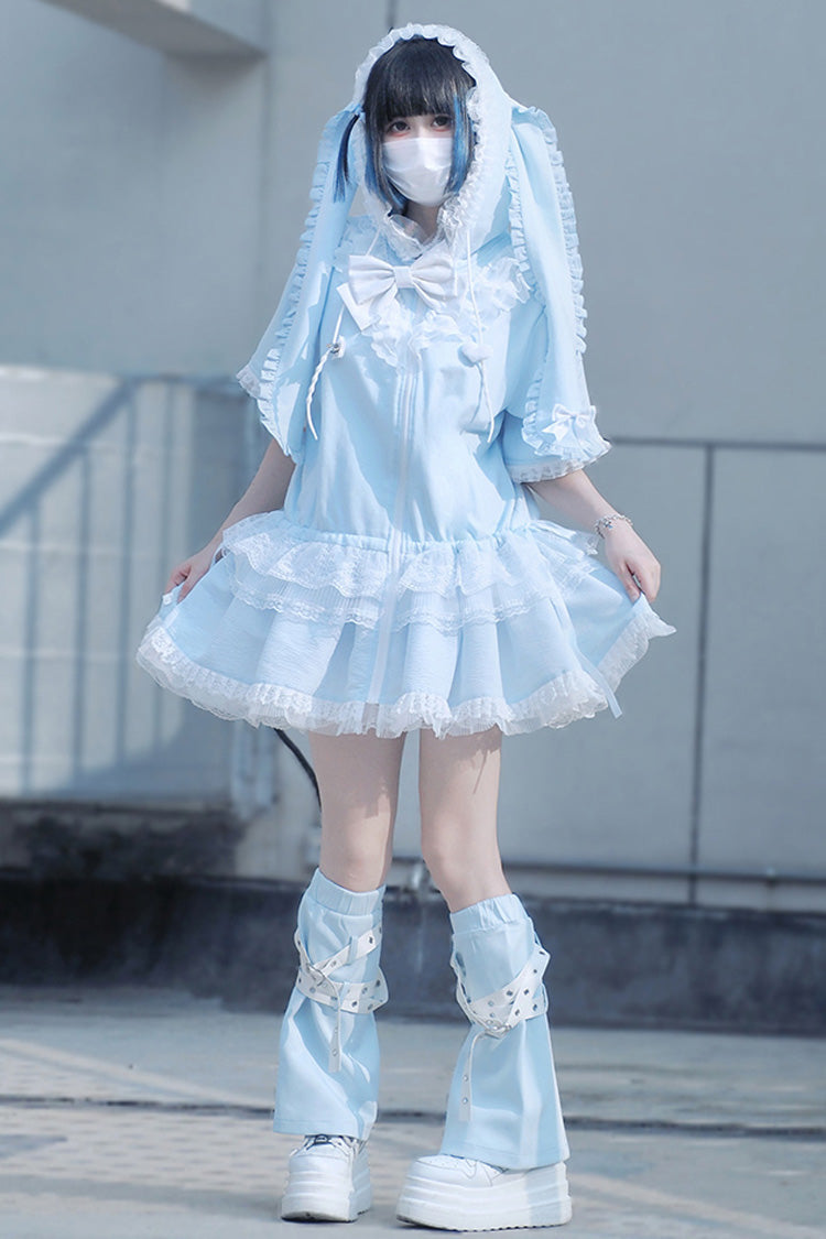 Blue Rabbit Ears Hooded Bowknot Lace Sweet Lolita Coat Set - Blue - 1