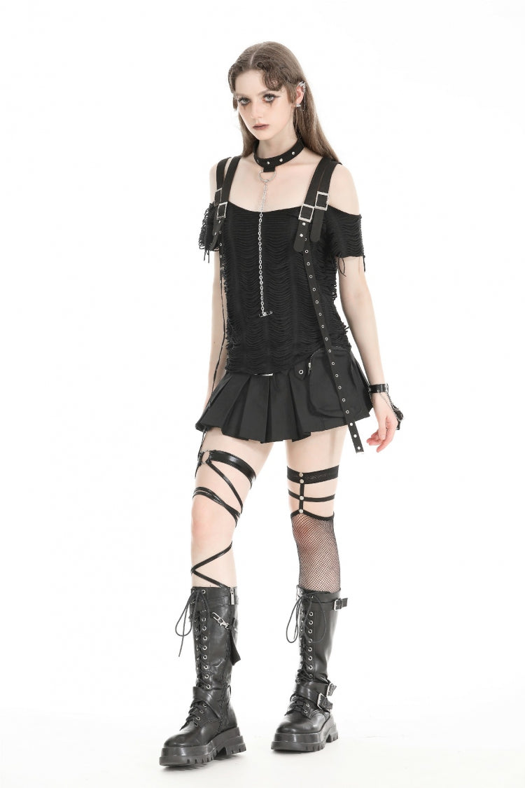 Black Off Shoulder Short Sleeves Ripped Buckled Women's Gothic T-Shirt with Detachable Choker - Product - 10