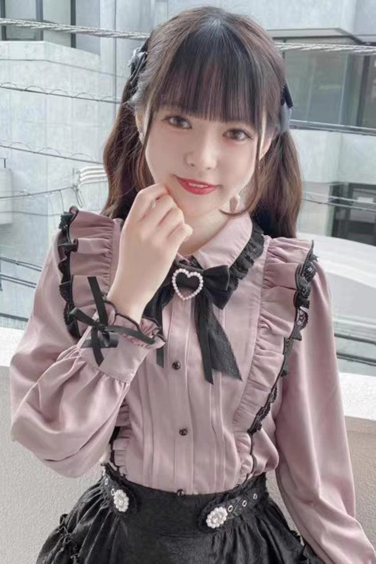 Pink Doll Collar Long Sleeves Bowknot Lace Sweet Jirai Kei Blouse 3 Colors - Product - 5