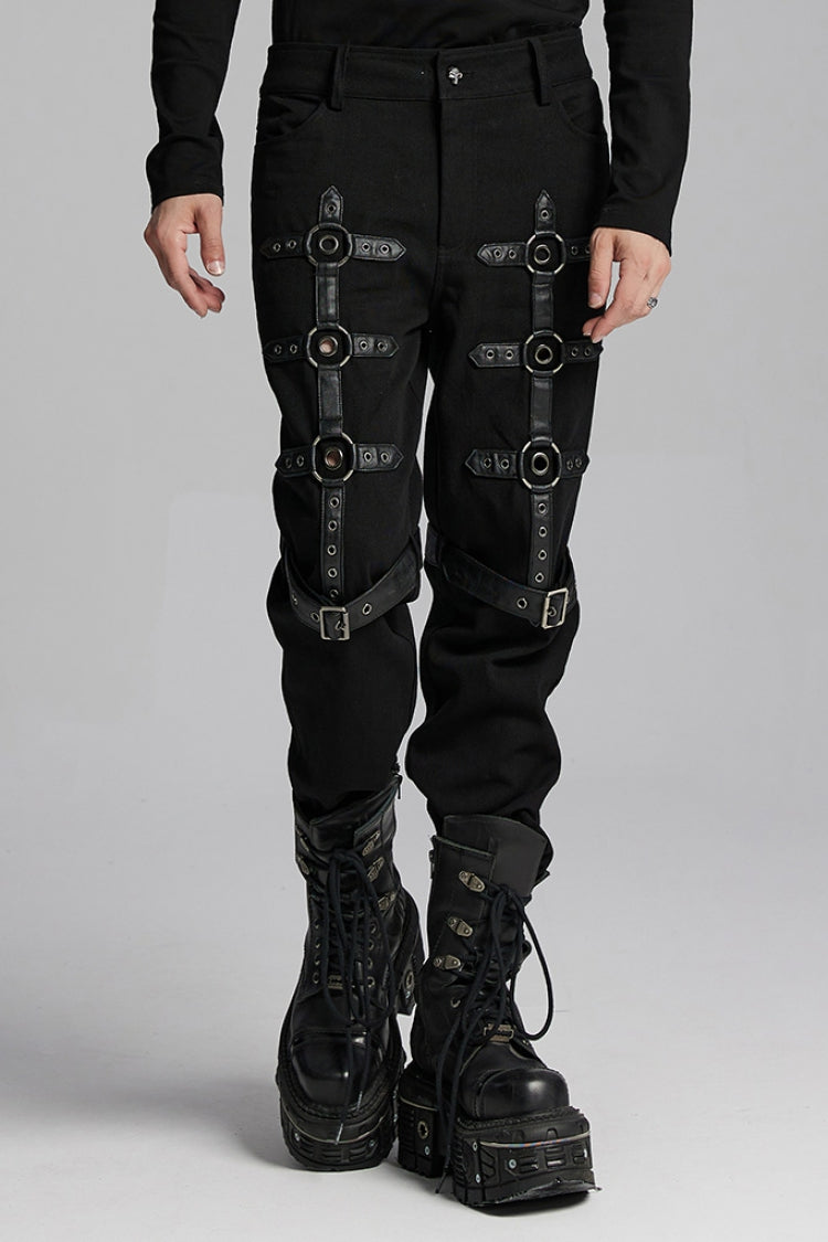 Black Buckle Eyelets Ring Men's Punk Pants - Black - 1