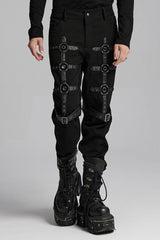 Black Buckle Eyelets Ring Men's Punk Pants - Black - 1