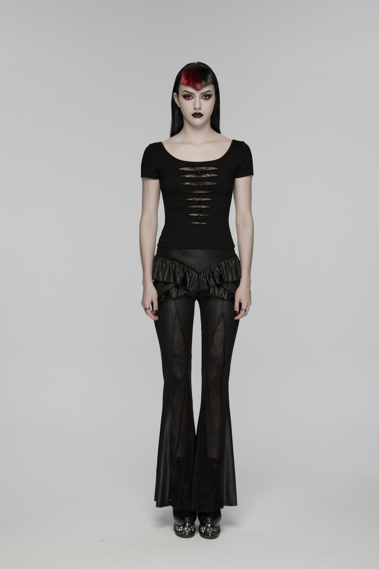 Black Round Collar Short Sleeves Slim Sheer Ripped Studded Women's Punk T-Shirt - Product - 2