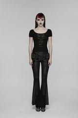 Black Round Collar Short Sleeves Slim Sheer Ripped Studded Women's Punk T-Shirt - Product - 2