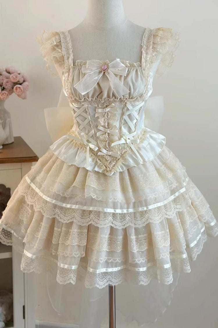 Apricot [Girl Love] Double-Layered Bowknot Lace Sweet Ballet Lolita Skirt Set - Apricot - 1