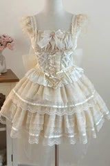 Apricot [Girl Love] Double-Layered Bowknot Lace Sweet Ballet Lolita Skirt Set - Apricot - 1