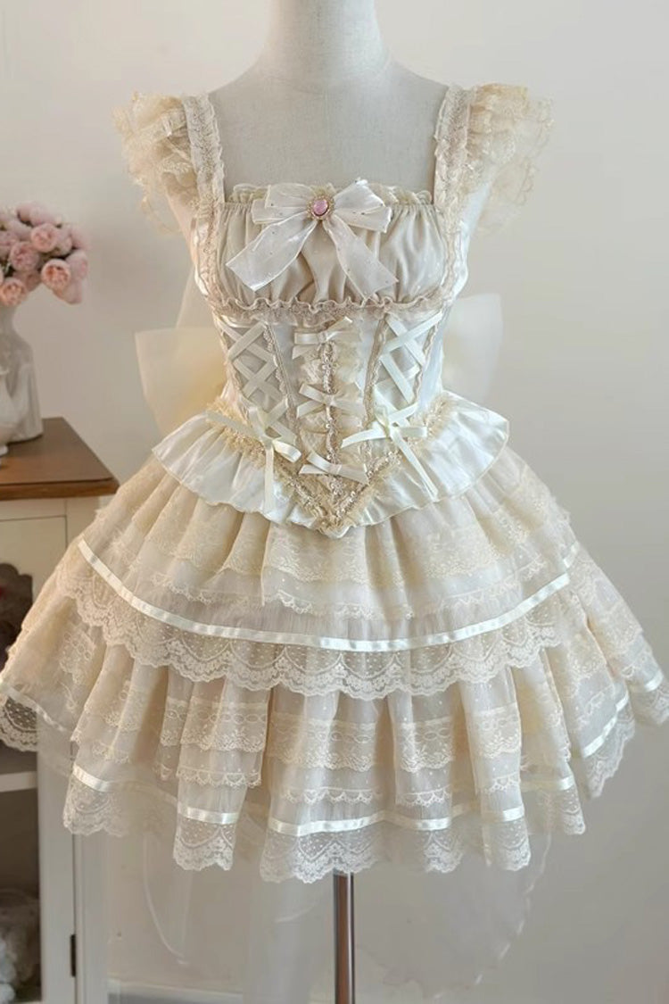Apricot [Girl Love] Double-Layered Bowknot Lace Sweet Ballet Lolita Skirt Set - Apricot - 1