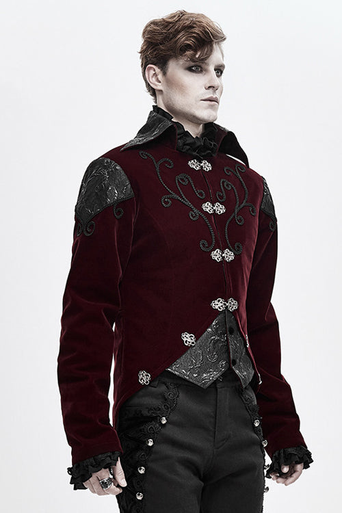 Red Vintage Embroidered Fake Two Pieces Gothic Mens Coat - Product - 2
