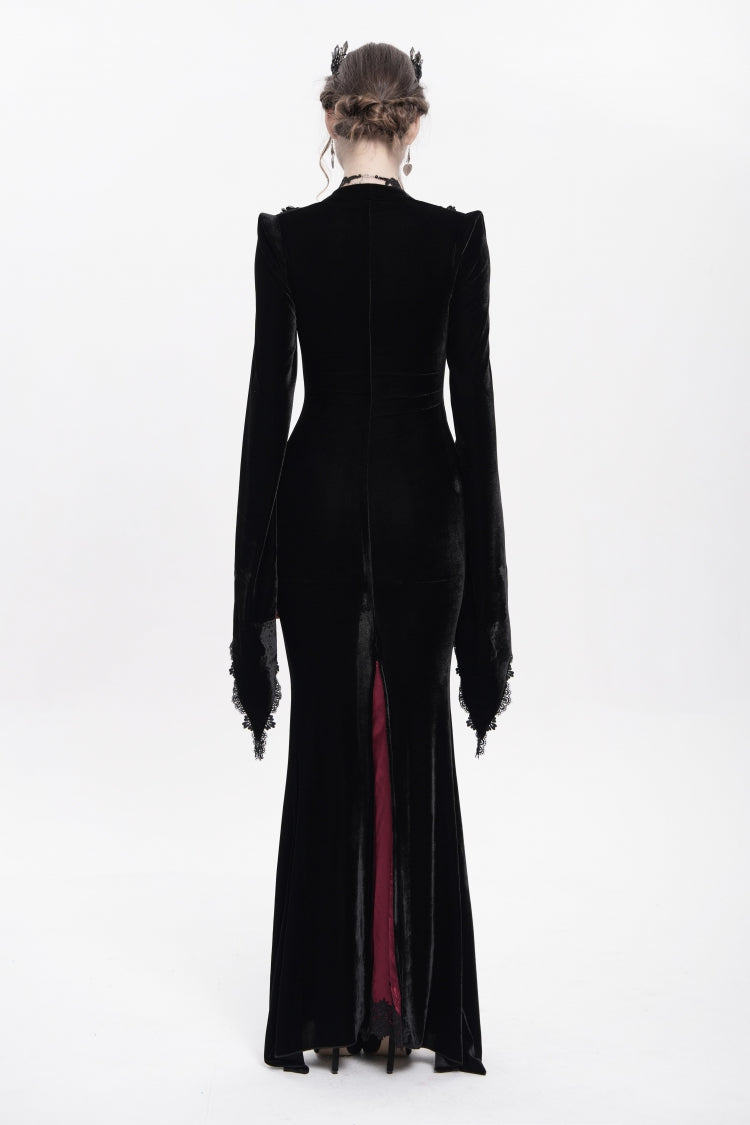 Black/Red V Collar Long Trumpet Sleeves Floral Embroidered Velvet Women's Gothic Dress - Product - 8