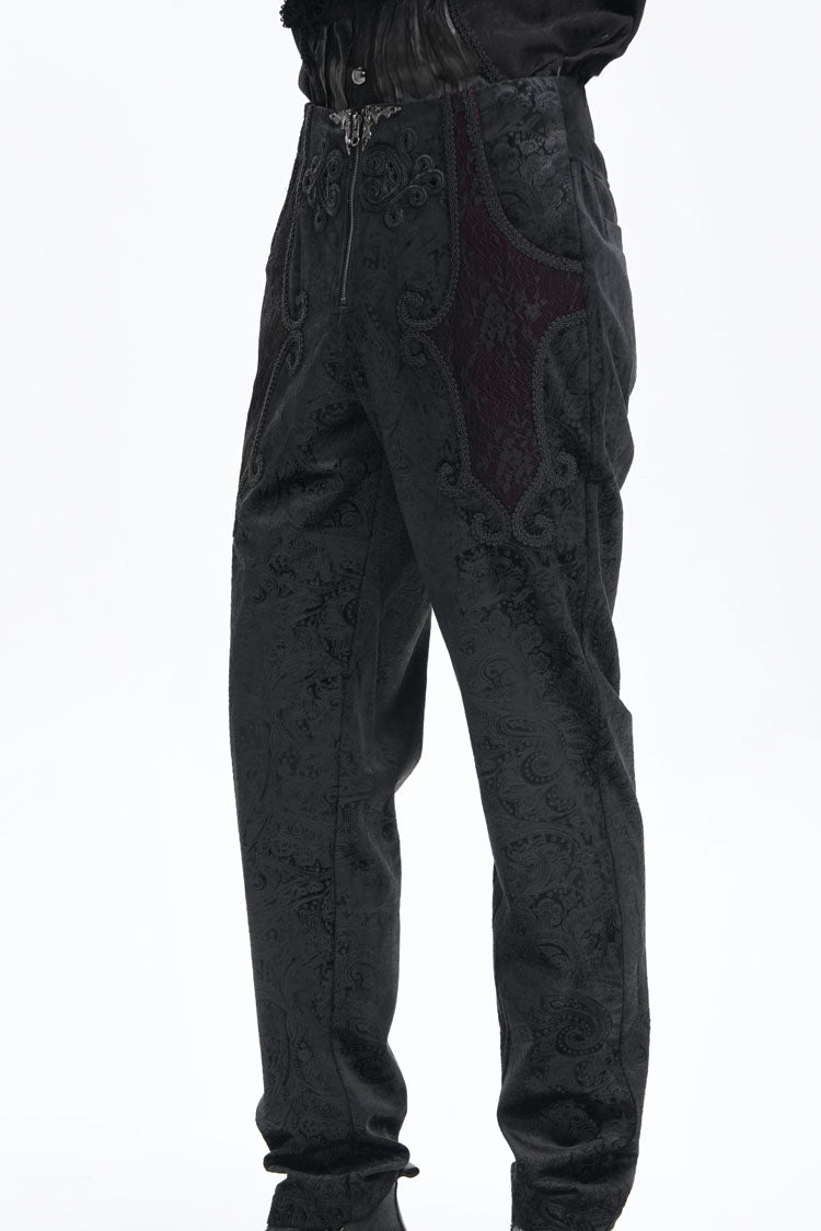 Black Floral Branded Print Embroidery Zipper Men's Gothic Pants - Product - 7