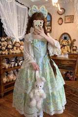 Blue/Green [Lily of the Valley Perfume] Pearl Candy Tea Doll Collar Sleeveless Printed Lace Plus Size Sweet Lolita Jsk Dress - Blue/Green - 1