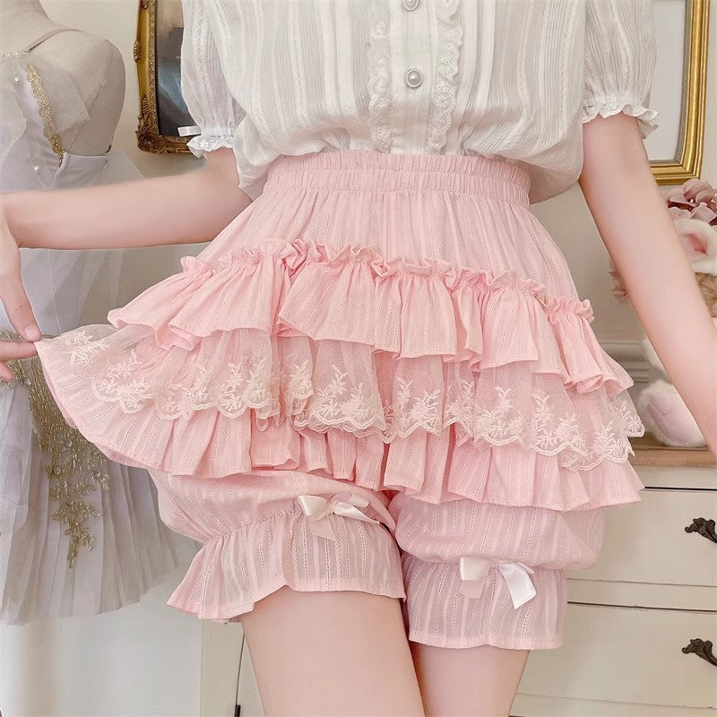 Lace Cotton Layered Lolita Pumpkin Pants 4 Colors - Pink - 2
