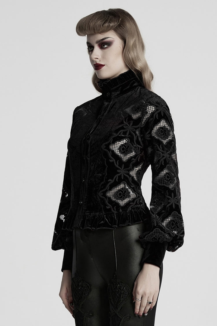 Black Long Sleeves Ruffle Floral Embroidery Women's Gothic Blouse - Product - 2