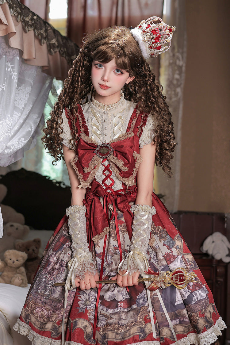 Red [Mystery Bunny] Sleeveless Jacquard Printed Ruffled Bow Lace Classic Lolita Jsk Dress Set - Product - 12