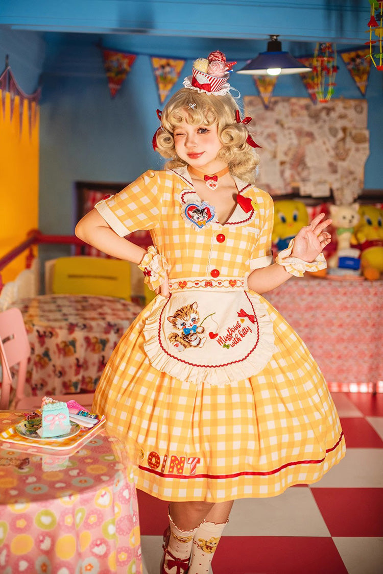Sweetheart Cat Short Sleeves Print Embroidery Sweet Lolita Dress 3 Colors - Product - 12