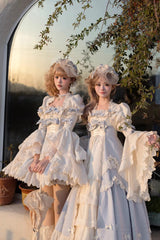 Blue [Letter Paper] Sleeveless Double-Layered Printed Ruffled Open-Front Bow Lace-Up Sweet Lolita Jsk Dress (Long Version) - Product - 7