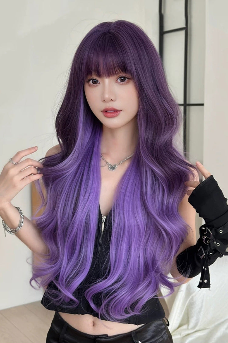 Y2K Black To Purple Ombre Face Framing Highlights Long Wavy Sweet Lolita Full Wig - Product - 5
