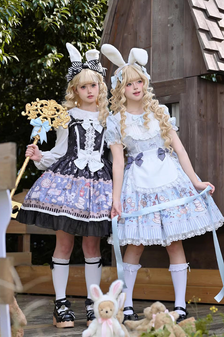 Light Blue [Alice’s Fantasy Tale] Doll Collar Short Sleeves Printed Bow Sweet Lolita Dress - Product - 6