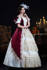 Red/Apricot Off Shoulder Short Sleeves Ruffle Cardigan Bowknot Lace Classic Princess Palace Lolita Victorian Dress - Product - 2