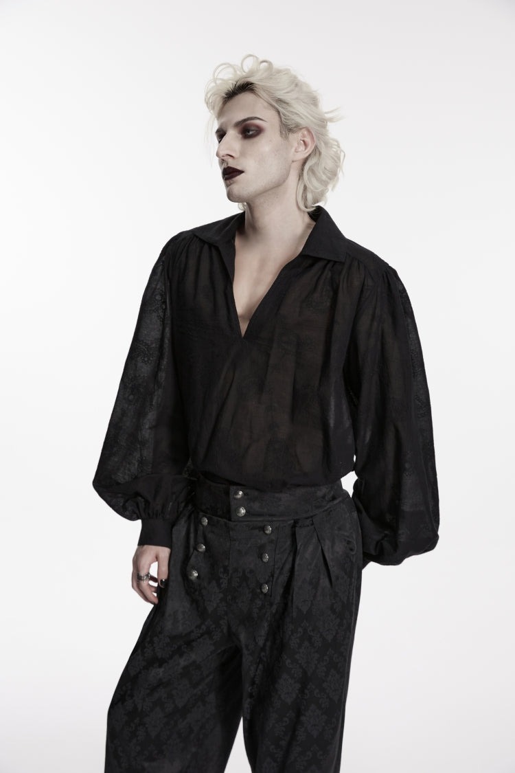 Black Lapel Collar Long Lantern Sleeves Printed Embroidered Men's Gothic Shirt - Product - 6