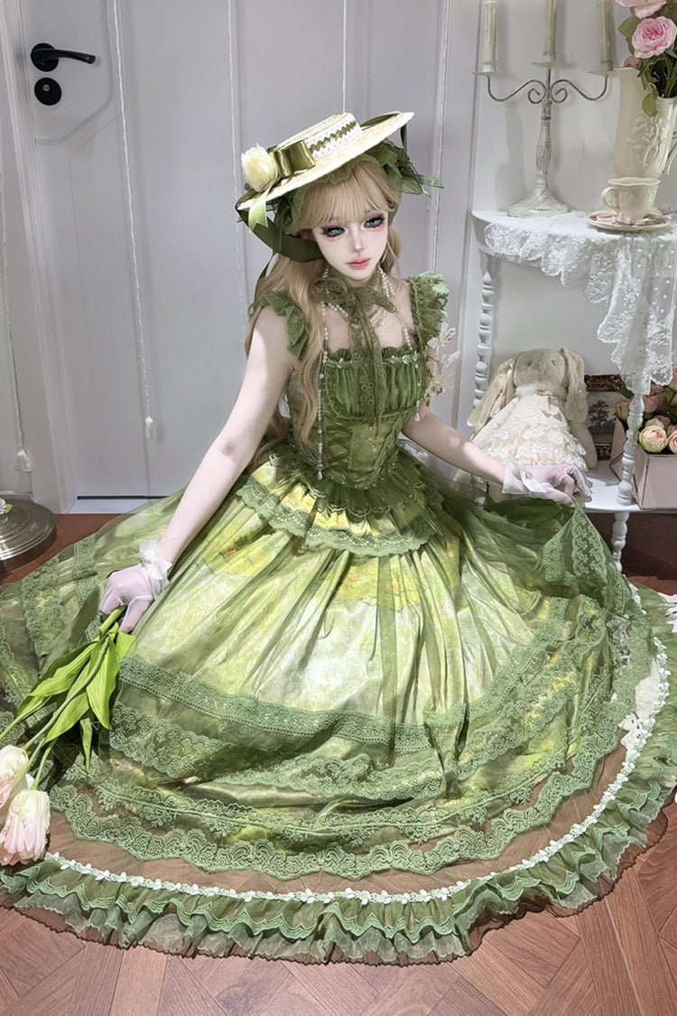 Green [Mist-shrouded Vineyard] Sleeveless Ruffle Bowknot Lace-Up Sweet Lolita Jsk Skirt Dress Set - Product - 5