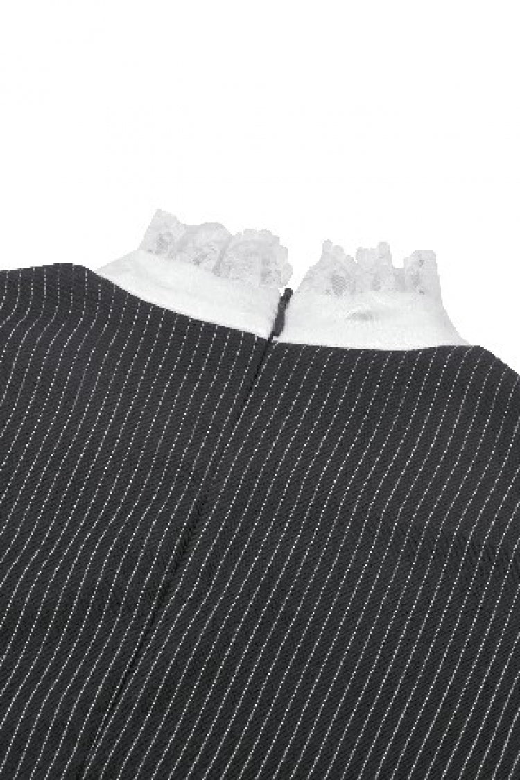 Black/White Striped Ruffled Lace Stand Collar Bow Long Sleeves Lace-Up Women's Gothic Lolita Graduation Dress - Product - 24