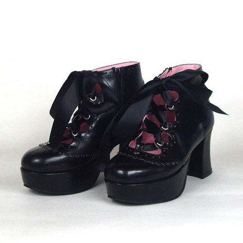 Black Cute PU Round Toe Ankle Straps Platform Lolita Shoes - Black - 1