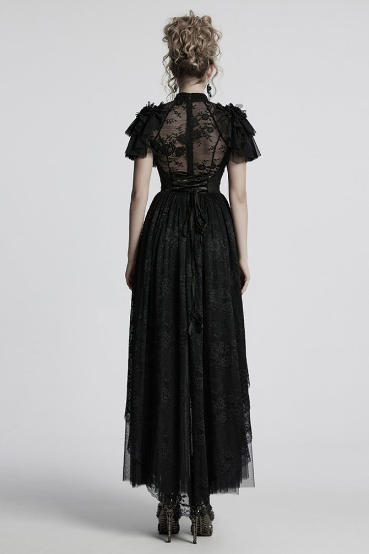 Black Short Sleeves Ruffle Stitching Lace Women's Gothic Layered Ball Gown Dress - Product - 3