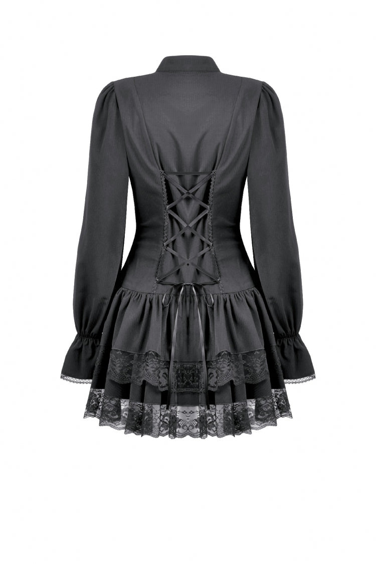 Black Long Bishop Sleeves Double-Layered Lace Hem Lace-Up Women's Gothic Dress - Product - 15