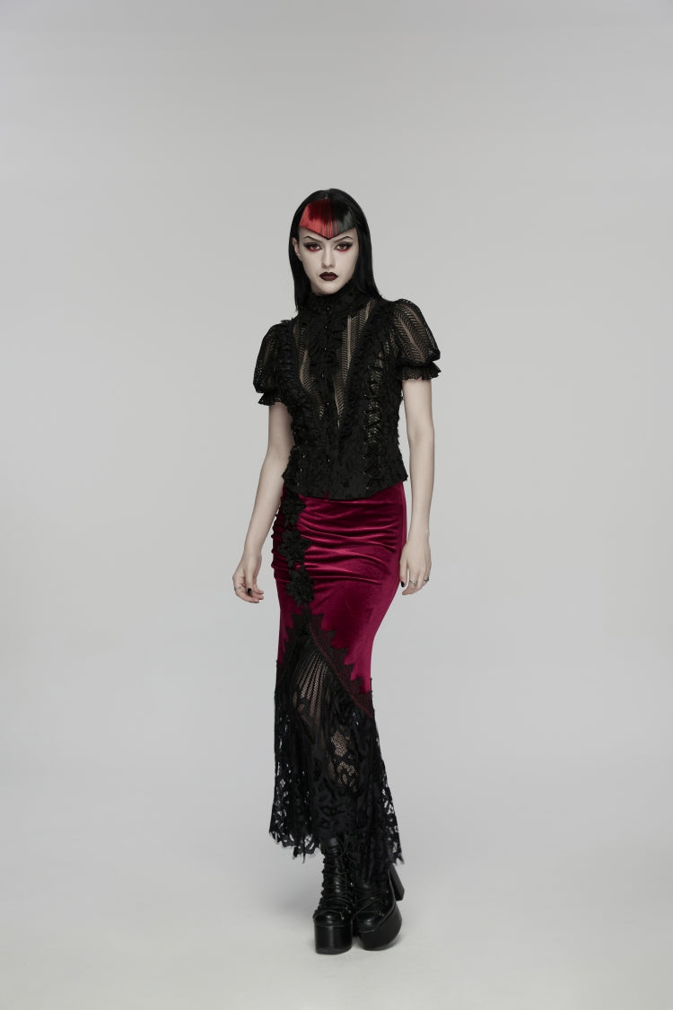 Black Stand Collar Short Sleeves Ruffled Cut-Out Embroidered Lace Women's Gothic Blouse - Product - 6