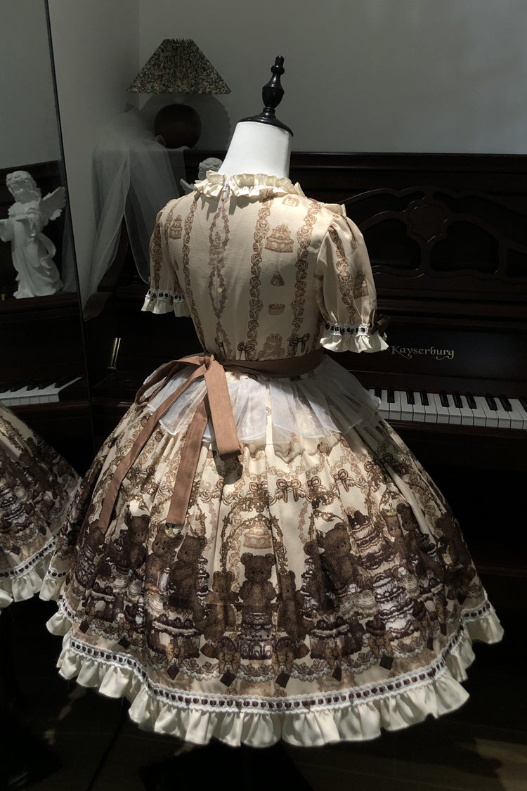 Brown [Teddy Bear Party] Round Collar Short Sleeves Printed Ruffled Bow Daily Sweet Lolita Dress - Product - 8