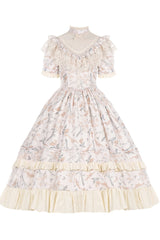 Multi-Color Daisy Print Cherry Embroidery Edwardian Collar Short Sleeves Sweet Lolita Dress - Multi-Color - 1