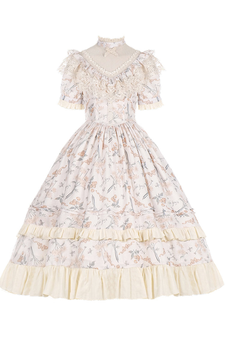 Multi-Color Daisy Print Cherry Embroidery Edwardian Collar Short Sleeves Sweet Lolita Dress - Multi-Color - 1