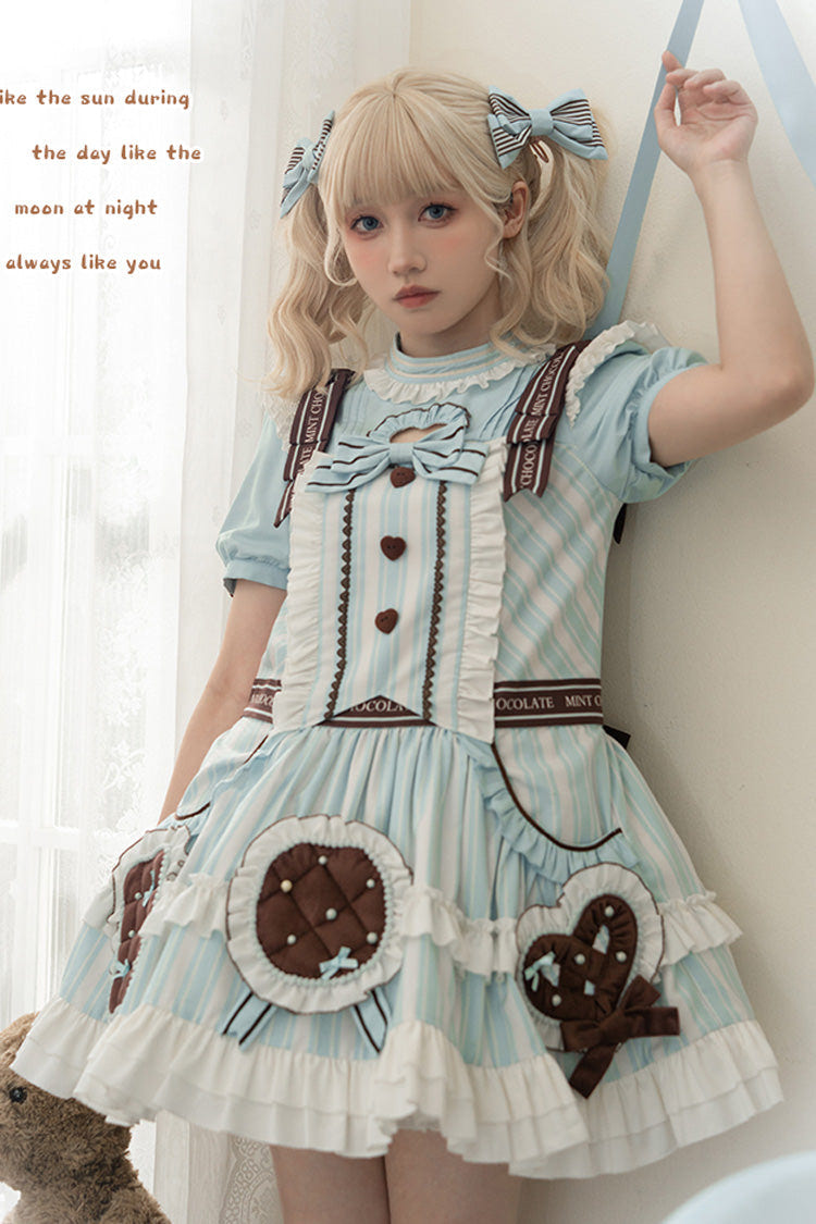 Light Blue Sea Salt Cookies Short Sleeves Print Ruffle Bowknot Sweet Lolita Dress - Blue - 1