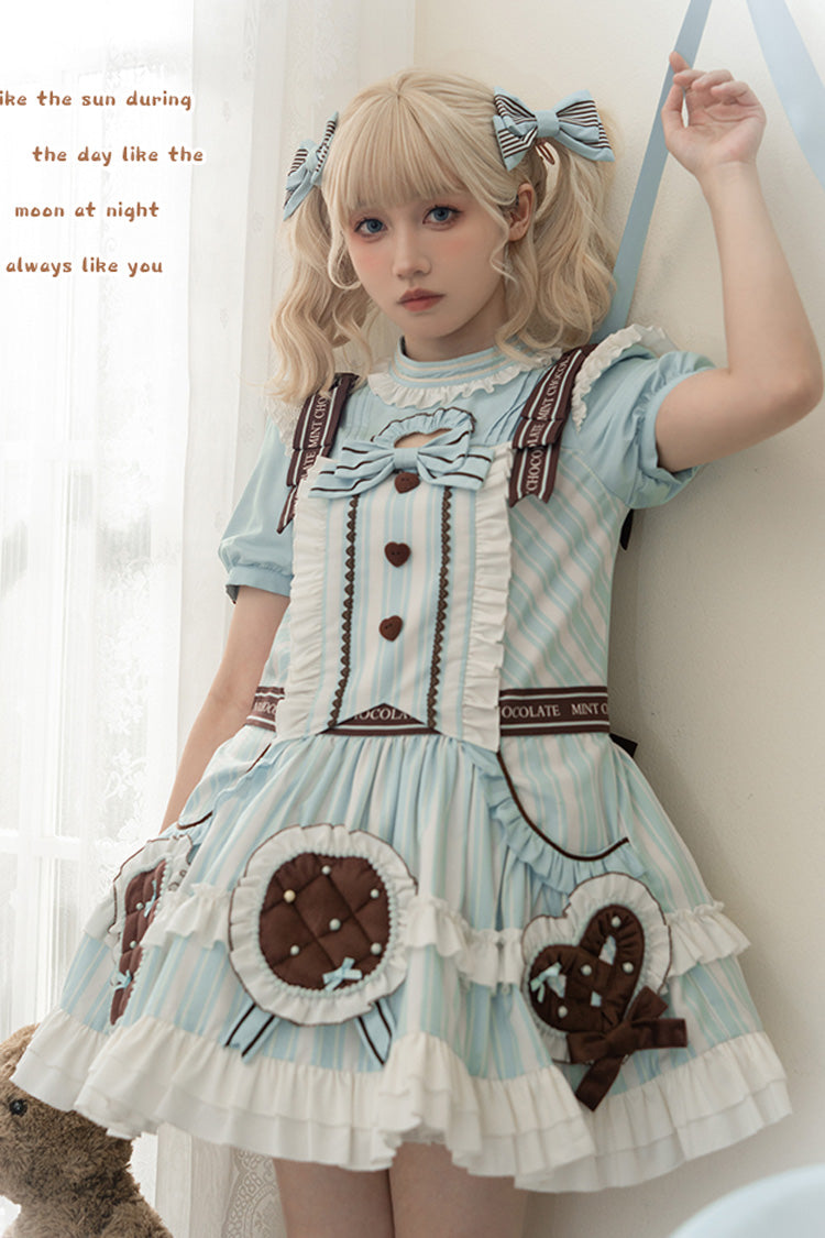 Light Blue Sea Salt Cookies Short Sleeves Print Ruffle Bowknot Sweet Lolita Dress - Blue - 1