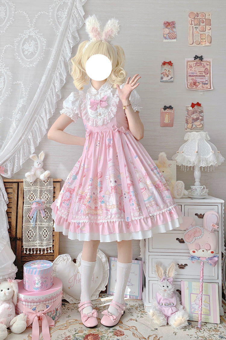 Pink Cute Cat Print High Waisted Ruffle Bowknot Sweet Princess Lolita JSK Dress - Product - 5