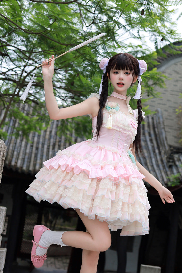 Ancient Poetry Print Multi-layer Ruffle Bowknot Lace Sweet Chinese Style Lolita Tiered Dress 2 Colors - Product - 12