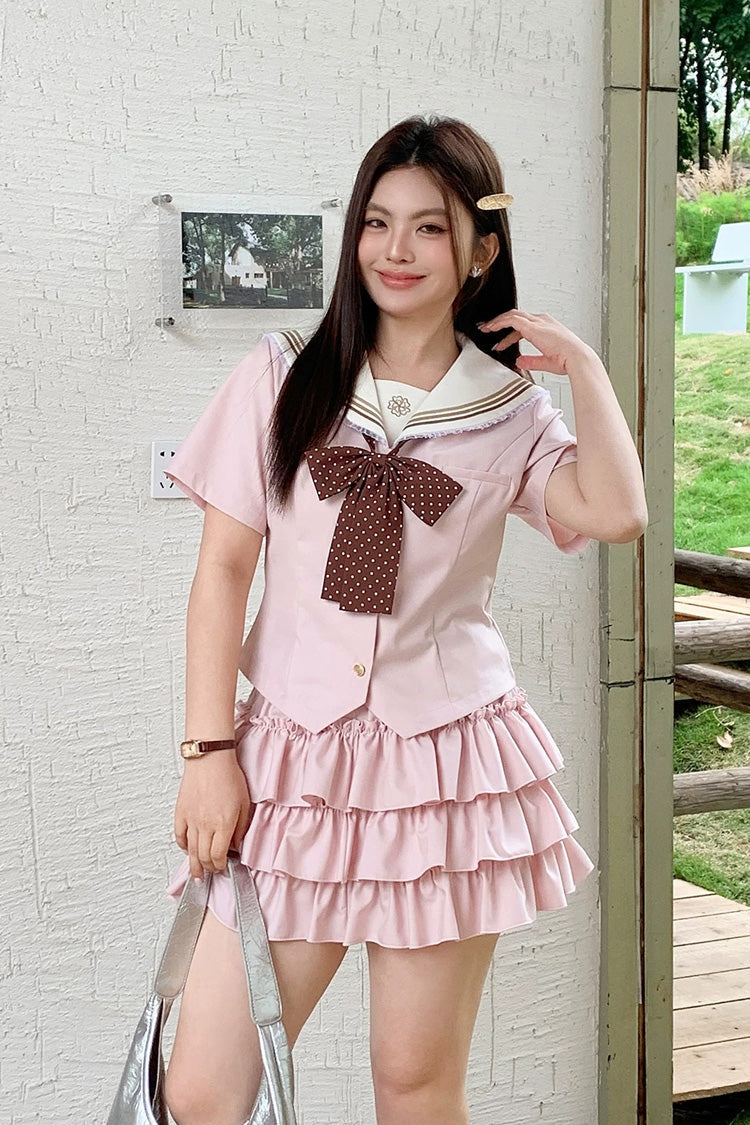 Pink Short Sleeves Triple-Layered Ruffled Bow Plus Size Japanese Preppy Style Sweet Sailor Collar Two-piece Set - Pink(Set) - 1
