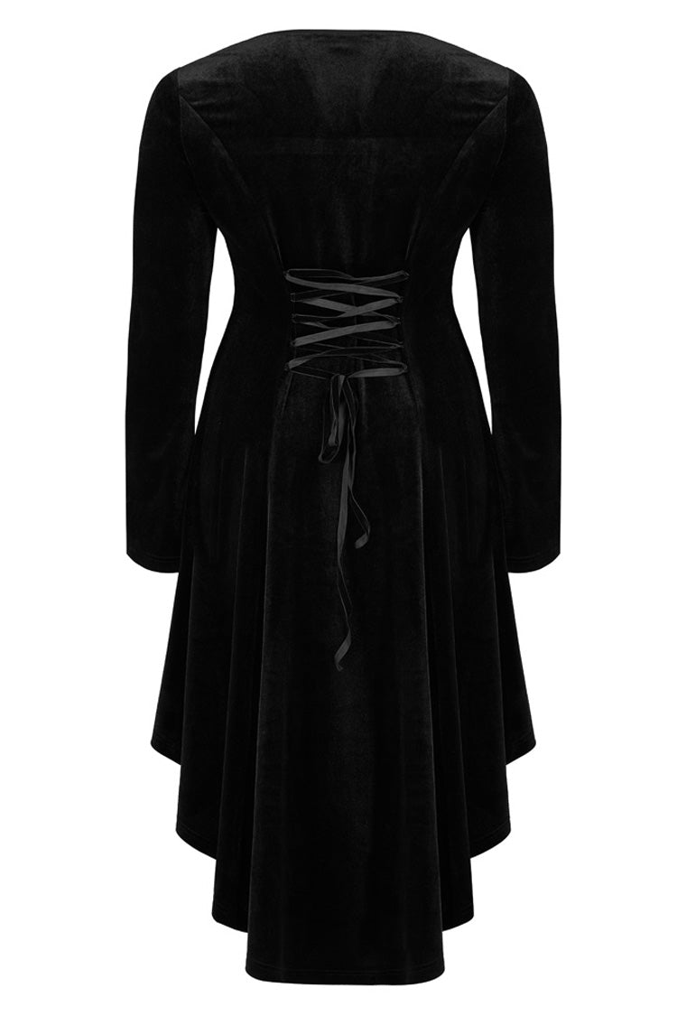 Black Gorgeous Velvet Fabric Embroidered Jacquard Neckline Irregular Hem Trumpet Sleeve Women's Gothic Dress - Product - 4